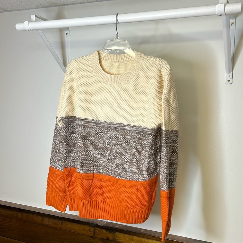 Amazon Knit Crewneck Sweater Cream, Brown & Pumpkin Orange Striped- M